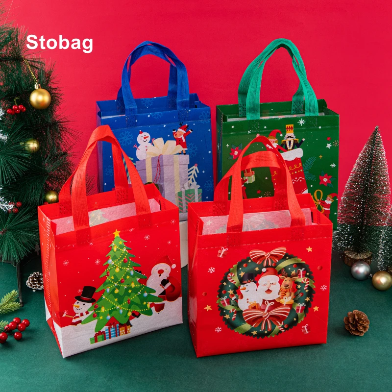 

StoBag 12pcs Marry Christmas Tote Bags Gift Package Fabric Hnadle Santa Claus Home Handmade Kids Party Favors New Year Supplies