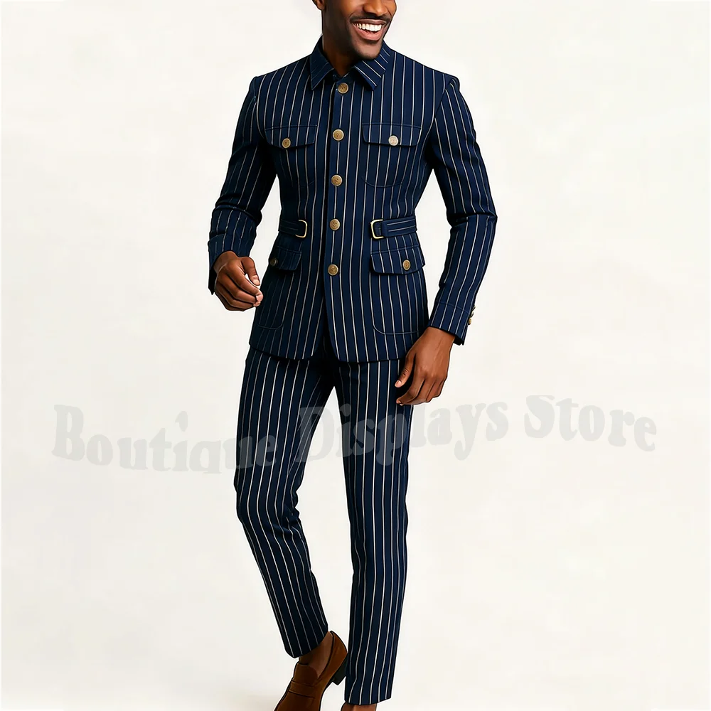 

Высококачественные темно-синие полосатые мужские костюмы, облегающие однобортные деловые костюмы, повседневная офисная мужская одежда