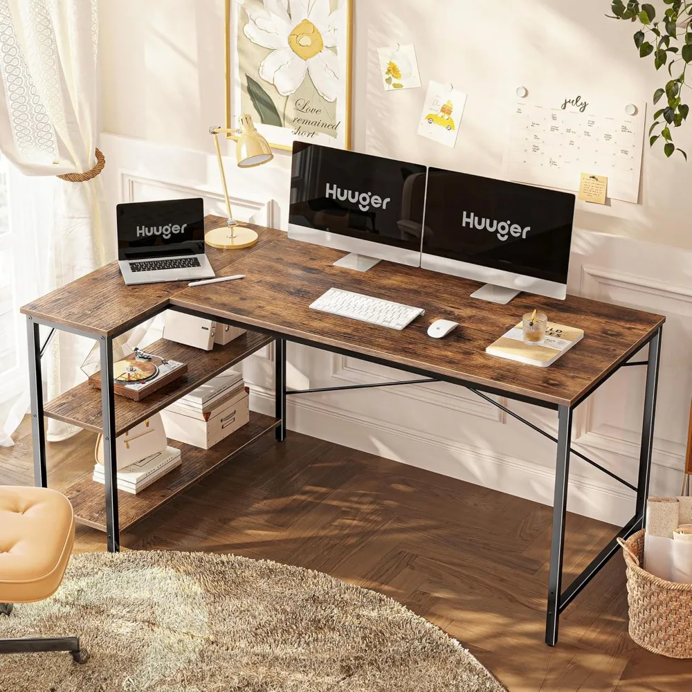 مكتب ألعاب على شكل حرف L مقاس 55 بوصة، أرفف تخزين قابلة للعكس، مثالية للمكتب المنزلي والكتابة والدراسة وزاوية الألعاب #2