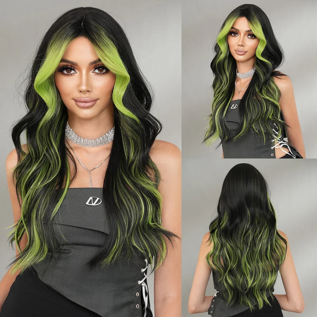 NAMM Layered Wig Synthetic light Green Wig for Women Cosplay Highlight Dyeing Green Wavy Wigs with Fluffy Bangs Resistant Fiber