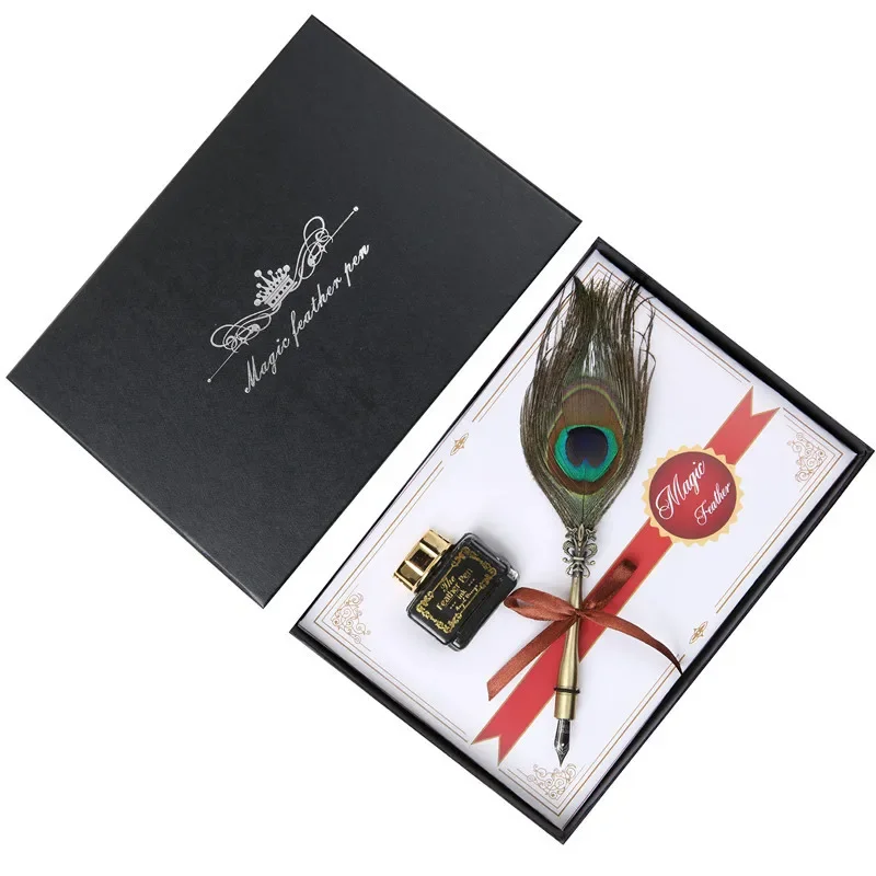 

1PCS Luxury Feather Pen Set Beautiful Fountain Pen Classic Vintage Calligraphy Quill Dip Ink Pen for Writing Box Gift