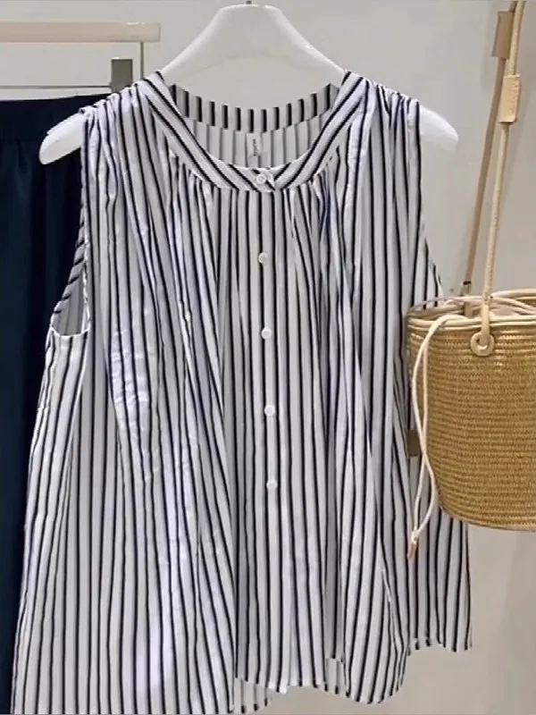 

Свободная хлопково-льняная рубашка без рукавов, женская, больших размеров, в стиле ретро, с художественным полосатым принтом, без этикетки, для повседневной носки, летняя одежда