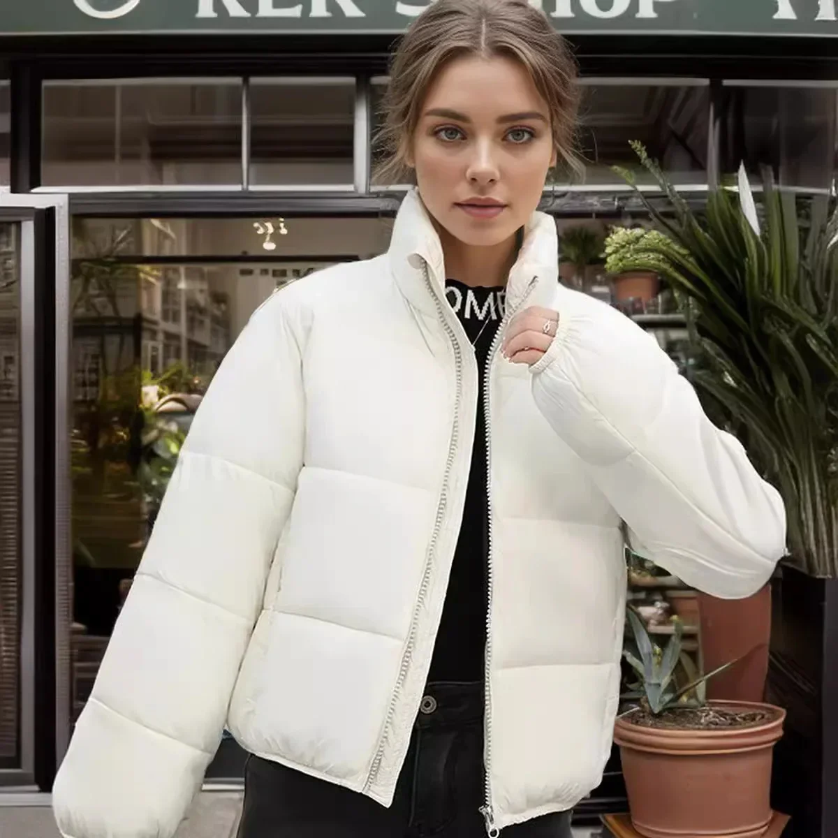 เสื้อแจ็คเก็ตสตรีฤดูหนาวเสื้อแจ็คเก็ตผ้าฝ้ายหญิงสั้นอเนกประสงค์เอวสูงStand Up Collarขนมปังแจ็คเก็ตผู้หญิงParka 2025