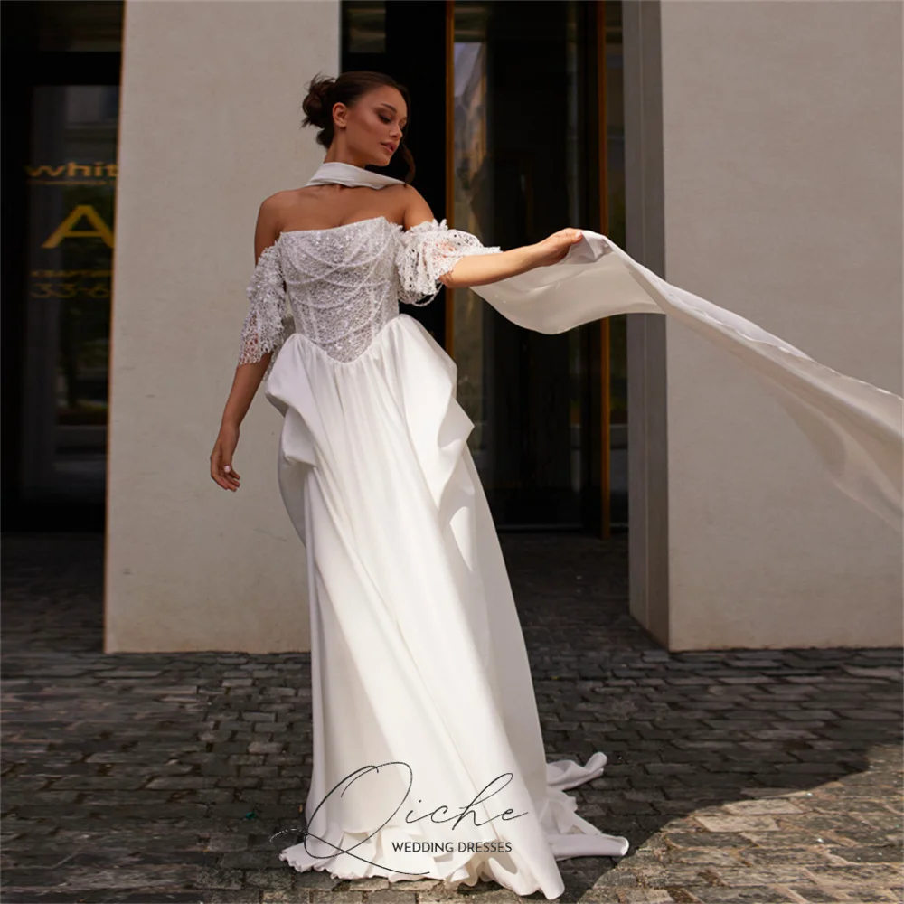 QICHE-Vestido De Novia moderno De encaje, corte en A, hombros descubiertos, cuentas, cuello barco, Espalda descubierta, plisado, personalizado