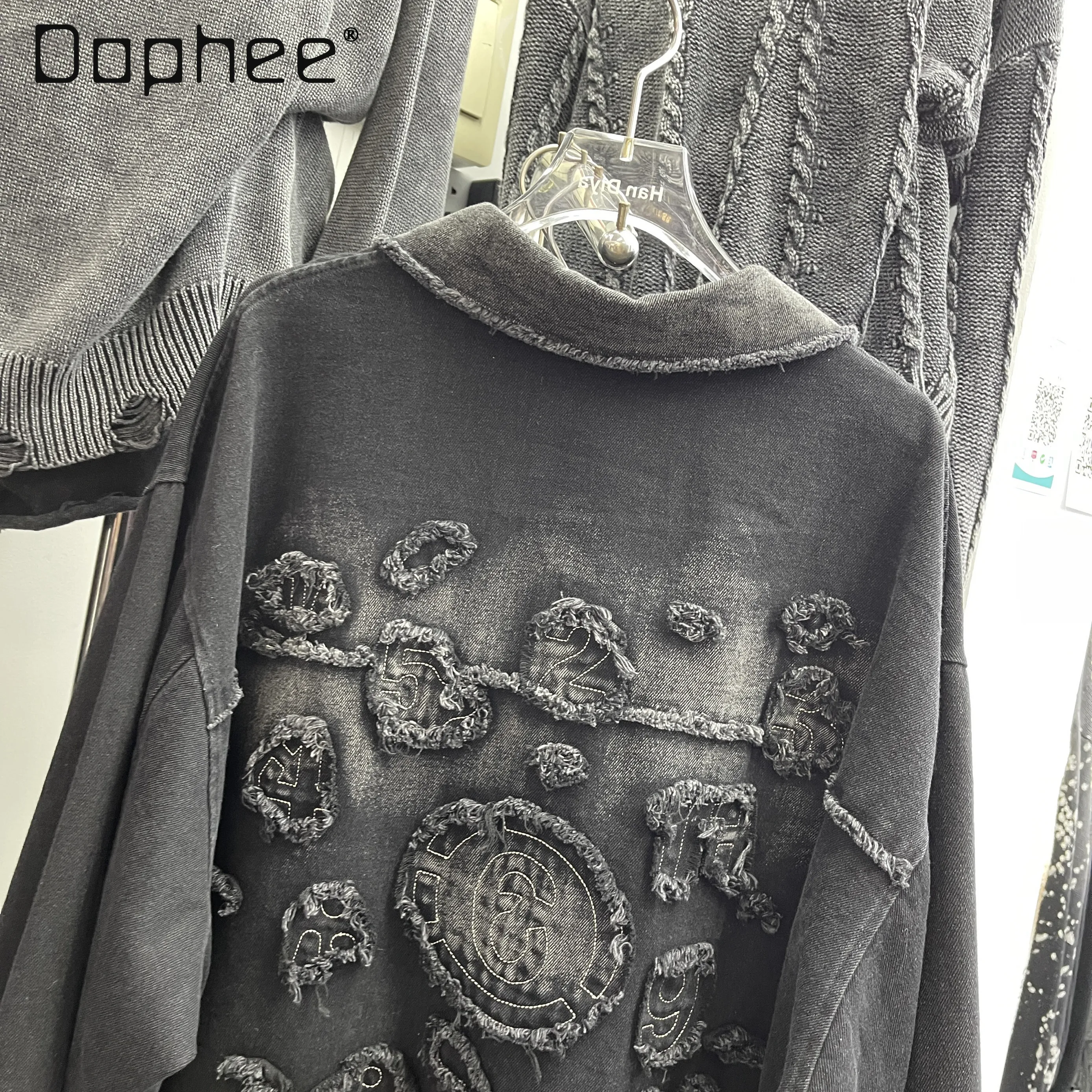 Retro Embroidered Letter Denim Shirt Women Spring Autumn Do Old Personality Street Single-breasted Mid-length Oversized Blouse