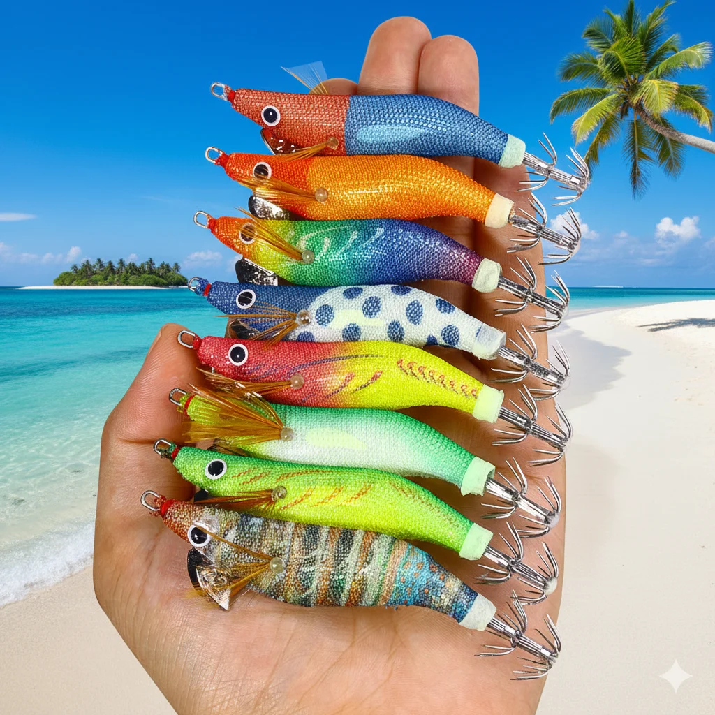 10 Stück 9cm 8g horizontale Tintenfisch-Jigs Angelzubehör Kunstköder Tintenfisch-Haken Jigging-Köder für Meeresangeln Sepia Leuchtend
