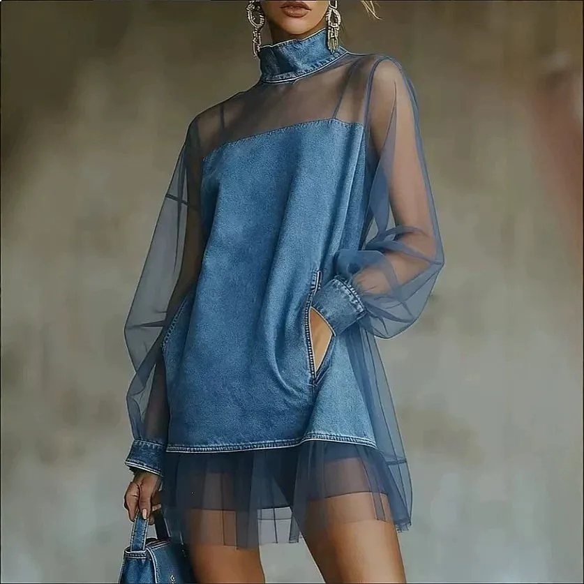 

2026 New Denim Mesh See Through High Neck Loose Dress Dresses Spring Summer Matching Set