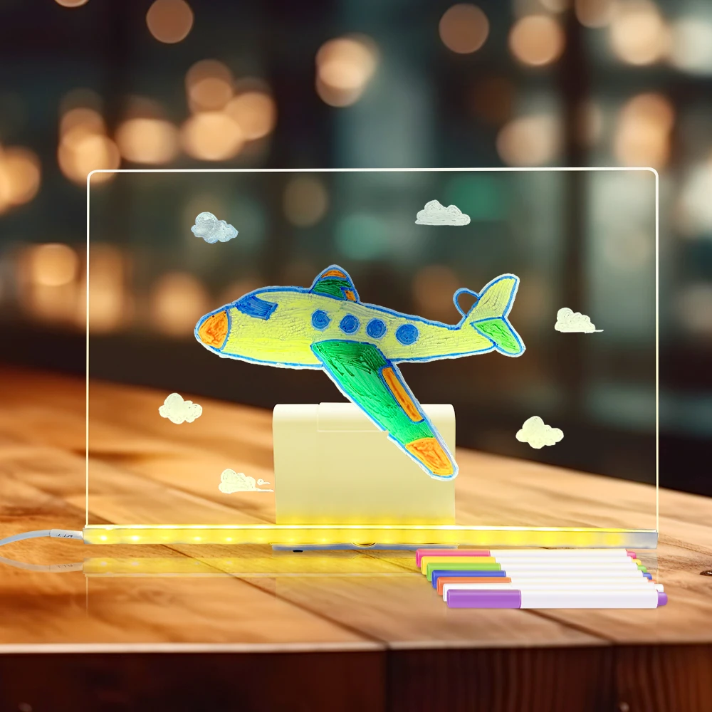 Children'S Handmade Erasable Painted Acrylic Doodle Funny Diy Notepad Message Board Led Glass Painting Night Light