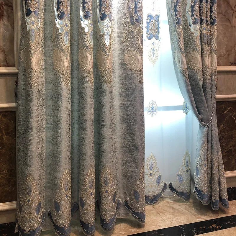 Silver Gray Chenille Hollow Embroidered Window Screen Water-soluble Embroidered Curtains for Living Room Bedroom Customization