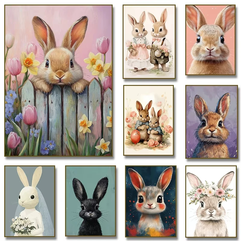 5D DIY Diamantmalerei-Set Niedlicher Hase Aquarell Blumenkunst Vollflächiges Strass-Mosaik Wanddekoration Geschenk für Erwachsene