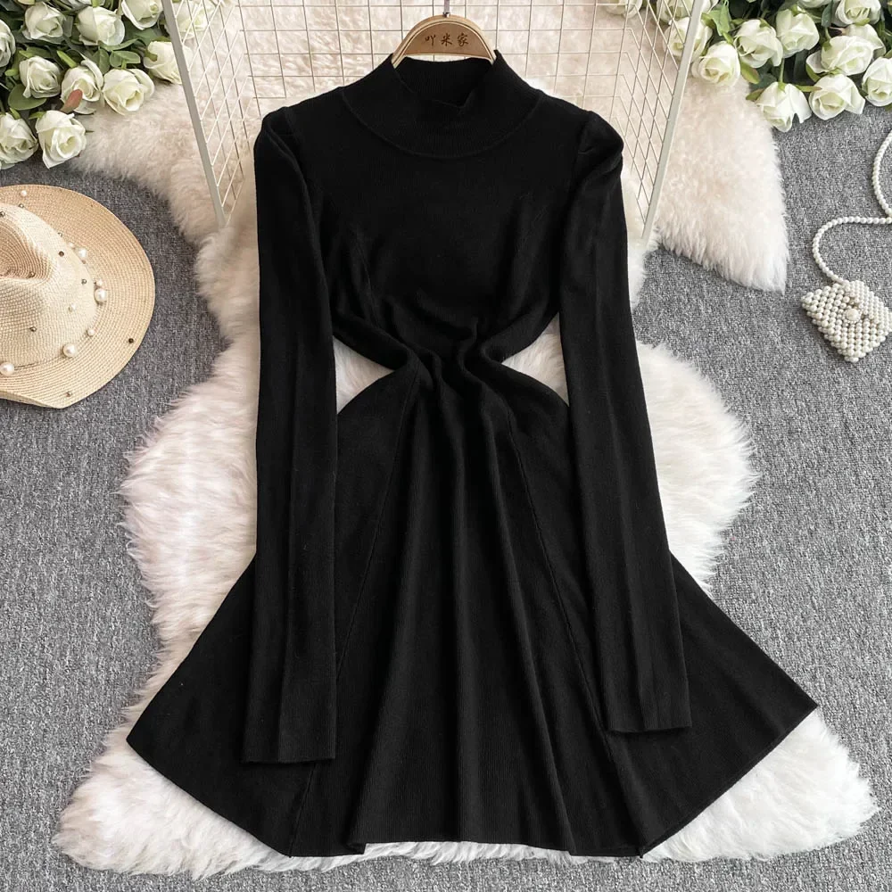 Vintage Long Sleeve Elegant Half High Collar Slim Knit A-line Dresses Women Korean Evening High Street Autumn Winter Clothing