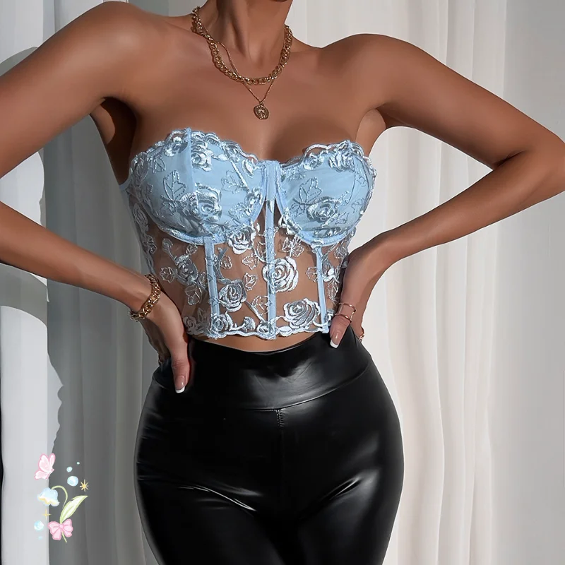 

Newest Arrival Women Bustier Tube Tops Embroidery Flower See Through Off Shoulder Tank Tops for Daily Club Party Clubtwear