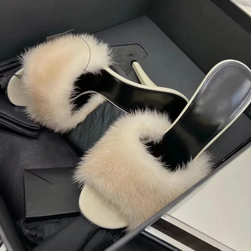 2024 New Slim Heels Outward Wearing Open Toe Sandals for Women with Mink Hair Sexy One Half Pillow High Heel Sandals