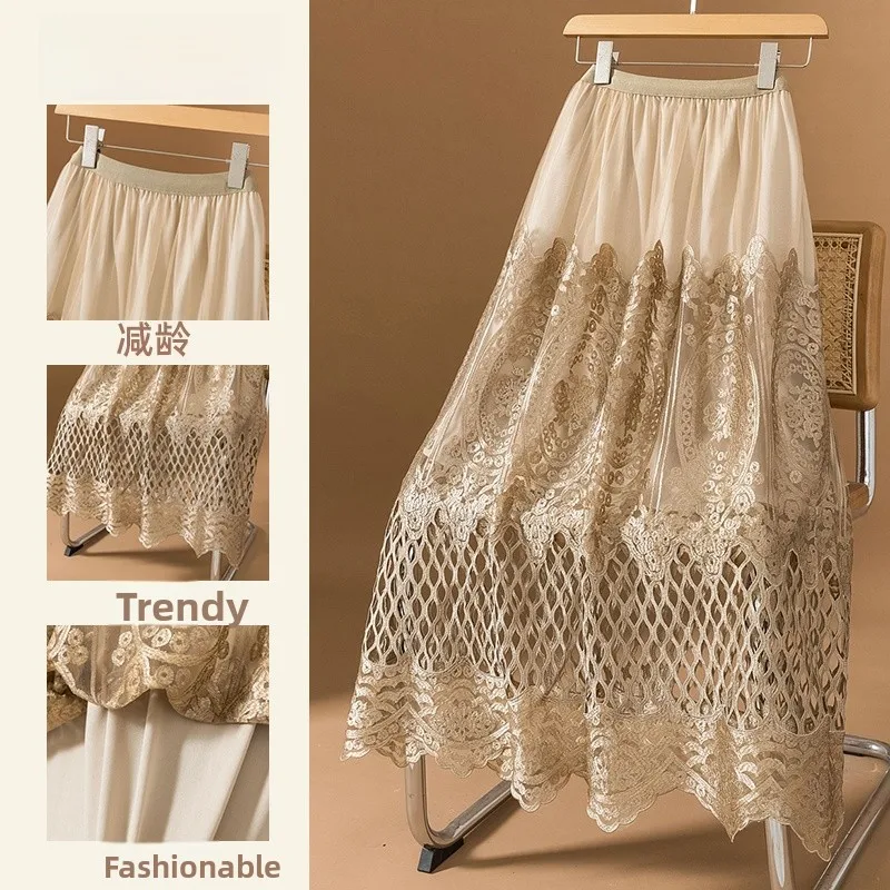 الرجعية تفريغ الدانتيل مطوي ميدي تنورة للنساء ربيع الخريف حجم كبير التخسيس ألف خط تنورة عالية الخصر العادية رقيقة