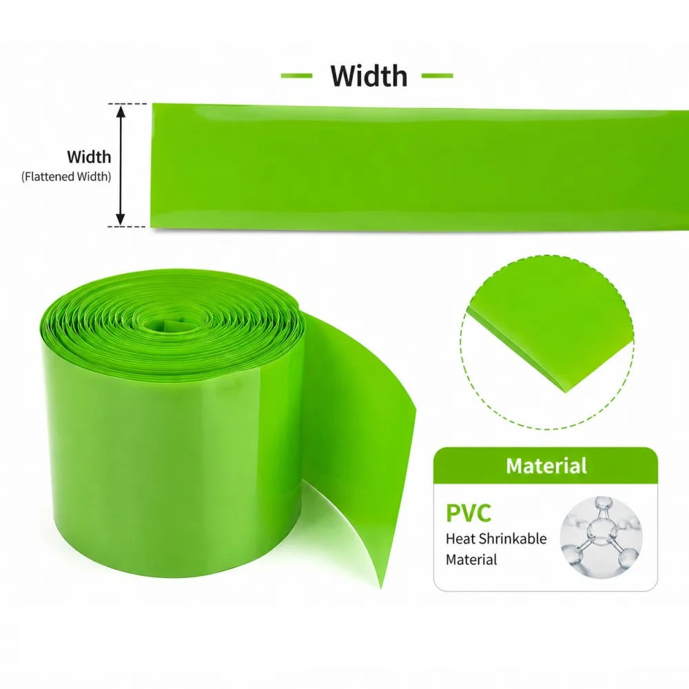 18650 Lithium Battery Film PVC Green Heat Shrink Tube 30-100mm Width Battery Pack Sleeve Packaging Protection Insulation Sleeve