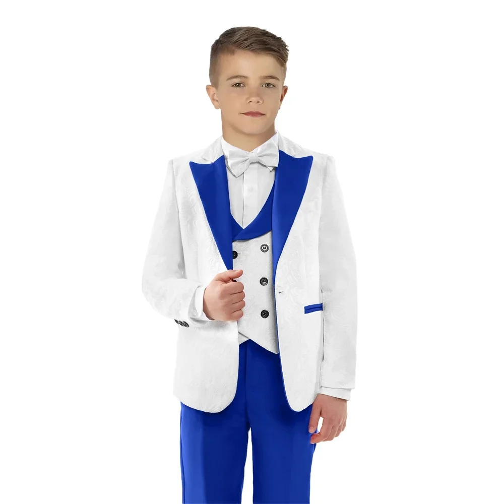 

Formal Suit for Boy Children Party Host Wedding Costume Coat Vest Pants 3Pcs White and Royal blue Wholesale Clothing