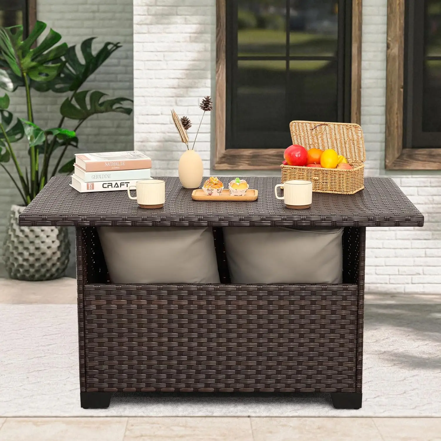 

46 Inches Outdoor Coffee Table With Storage Wicker Patio Table Outdoor Dining Table With Glass Tabletop, Brown