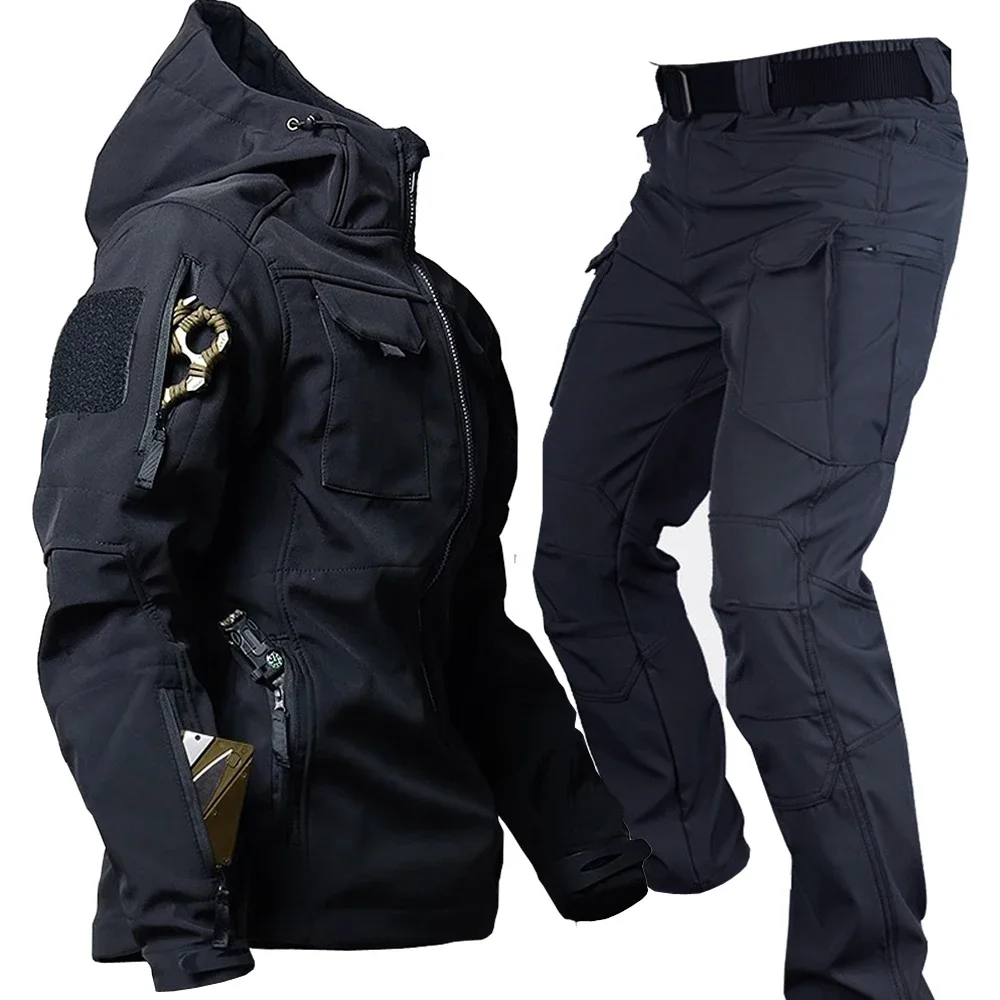 Winter Outdoor Waterproof Suits Men Tactical Windproof Hooded Jacket Fleece Warm Pants Multi-pocket  Thermal Sets Autumn