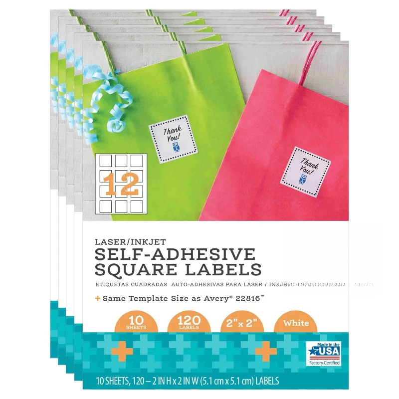 

Laser/Inkjet Self-Adhesive Square Labels, White, 2" x 2", 12 Labels Per Sheet, 600 Labels