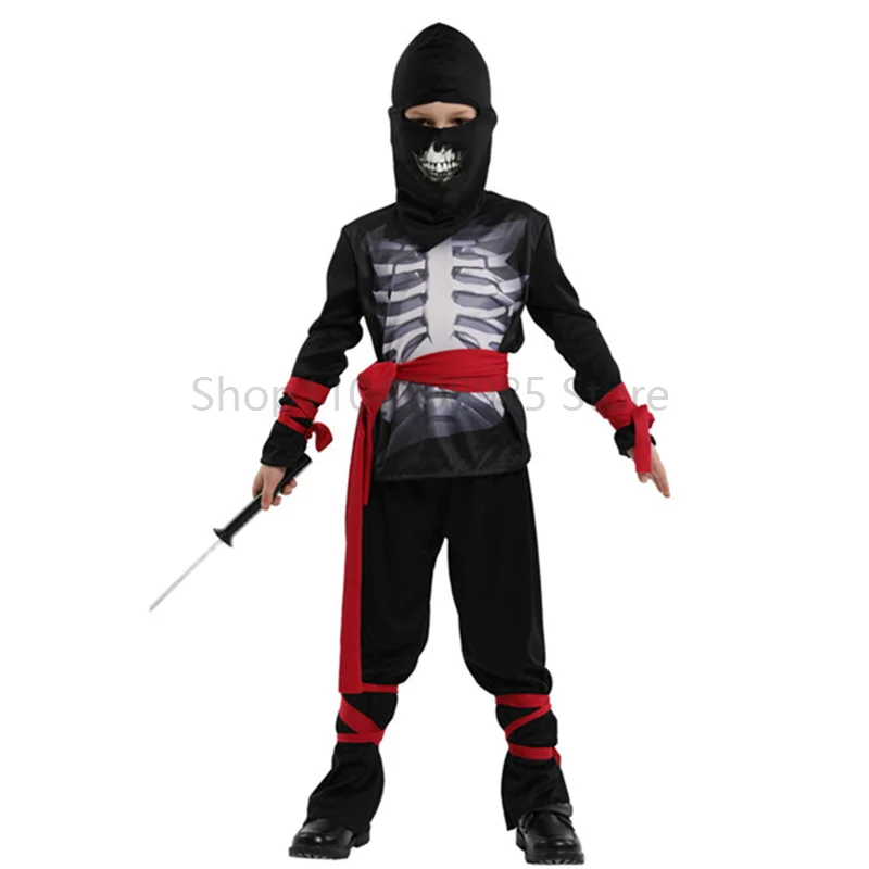 

Children Black Scary Skull Shinobi Hidden Warrior Dress Up Boy Skeleton Bone Ninja Halloween Costume economic