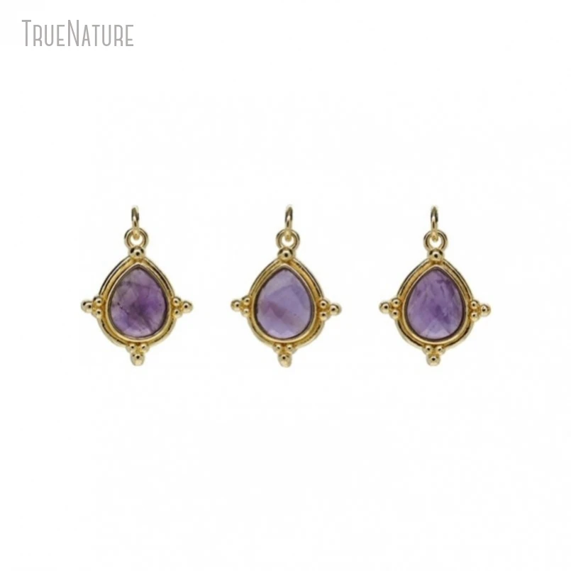 

10Pcs Wholesale Jewelry Drop Shape Teardrop Gold Color Amethysts Crystal Pendant PM50445