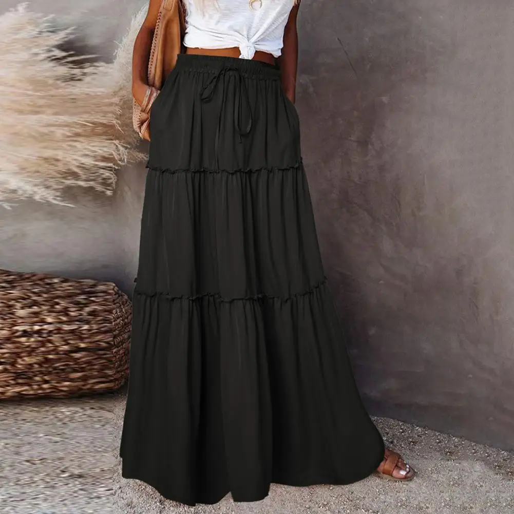 

Women Maxi Skirt Elegant Women's High Waist Maxi Skirt with Ruffle Stitching for Holiday Parties Streetwear Fashion Solid Color