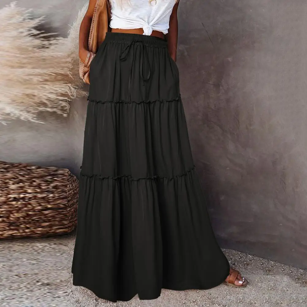 Saia maxi elegante de cintura alta para mulheres, costura plissada, festas de férias, moda streetwear, monocromática