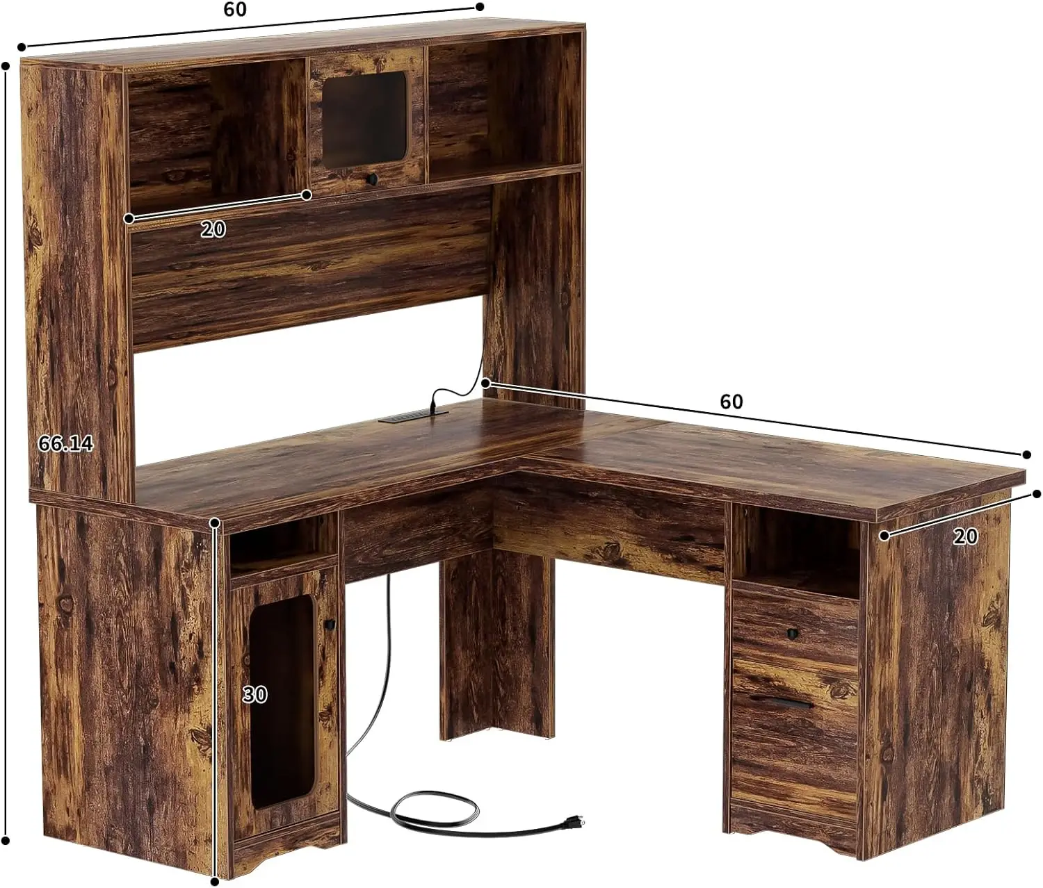 Mesa Unikito em forma de L com gavetas, mesa de escritório de 60 polegadas com tomada de energia e luzes LED, mesa de computador de canto resistente com gaiola