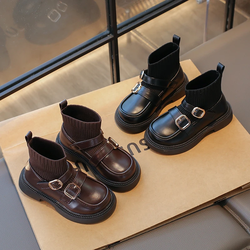

Children Short Boots Round Toe Girls Fashion Socks Boots Kids Princess Leather Boots with Metal Buckle 2025 Spring Autumn New
