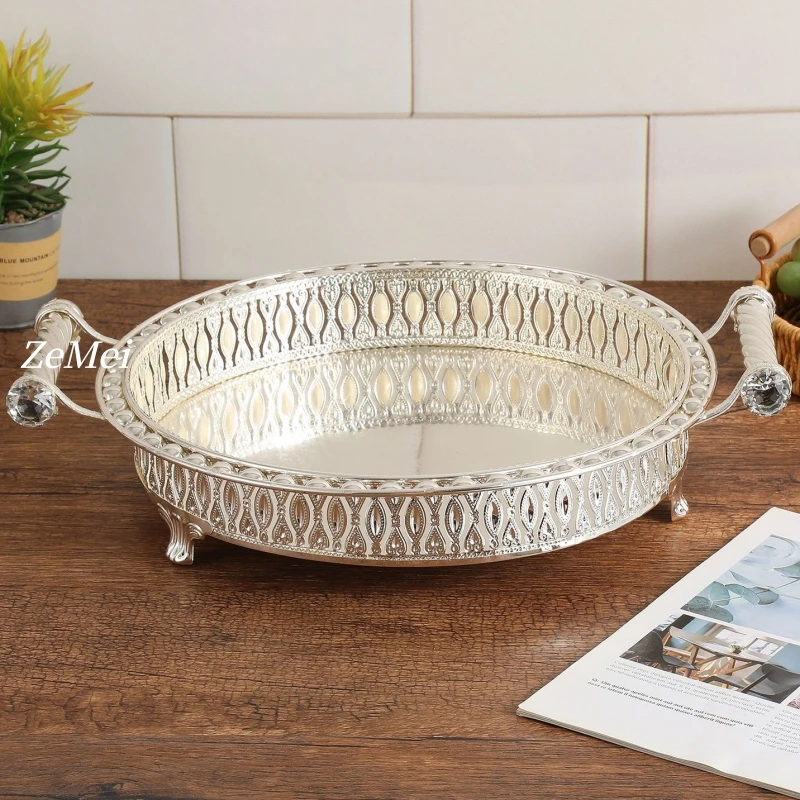 European Style Circle Fruit Plate,Metal Binaural Hollowed Out Handheld Silver Fruit Basket Home Tray,Snack Disc Table Decoration