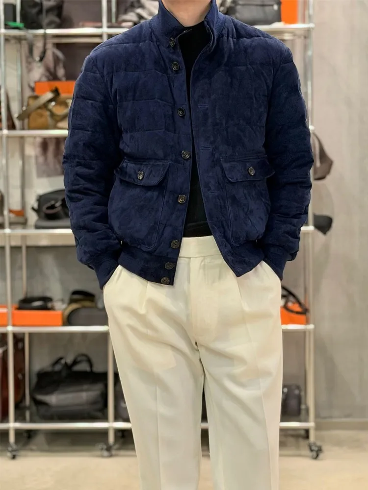 Winter High Quality Mens Genuine Leather Down Coat Stand Collar Vintage Designer Suede Sheepskin Warm Casual Pilot Short Coat