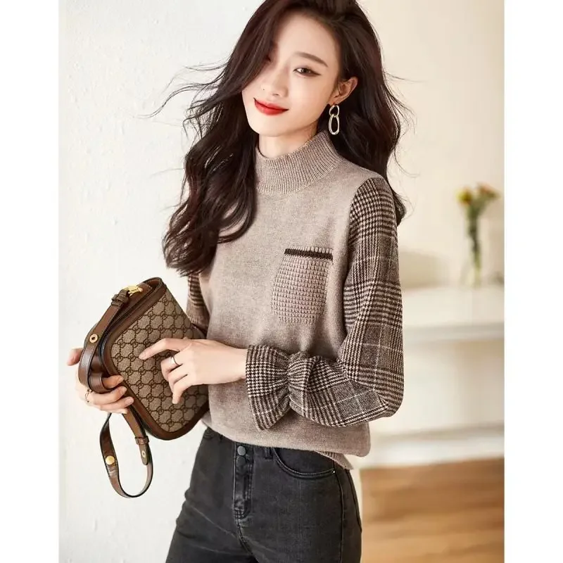 

Autumn and Winter Sweater Women Knitted Houndstooth Pullover Stitching Fake Two-Piece Sweater Half Turtleneck Women's Base Layer