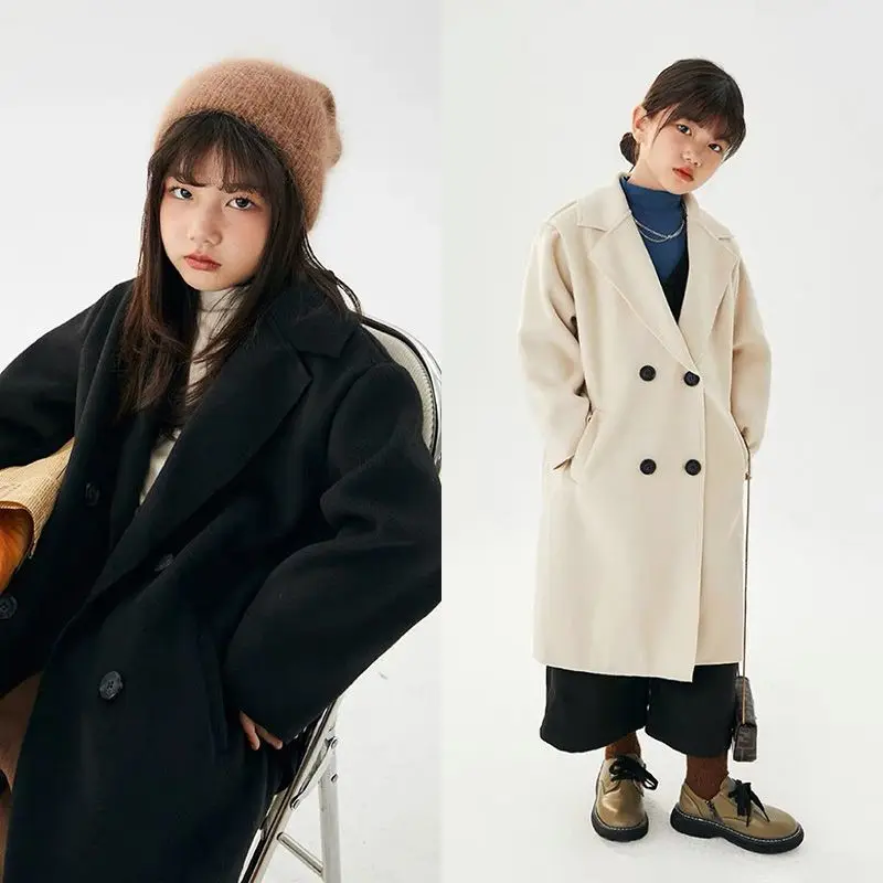

Girls Woolen Jackets Children Winter Thick Warm Long Coats 4-12 Years Kids Turn-down Collar Outerwear Teenager Fashion Clothing