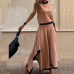 Fall Winter Chic Commute Irregular Outfits Elegant O Collar Long Sleeve Tops+Half Skirt Suits Casual Patchwork Contrast 2pc Sets