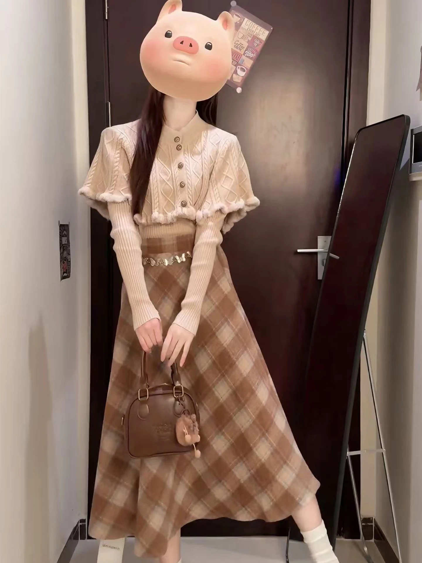 

V-Ne Knitted Sweater awl f Skirt Tee-Piece Set Women's Plaid Faionable Layering High Waist Warm Winter Outfit