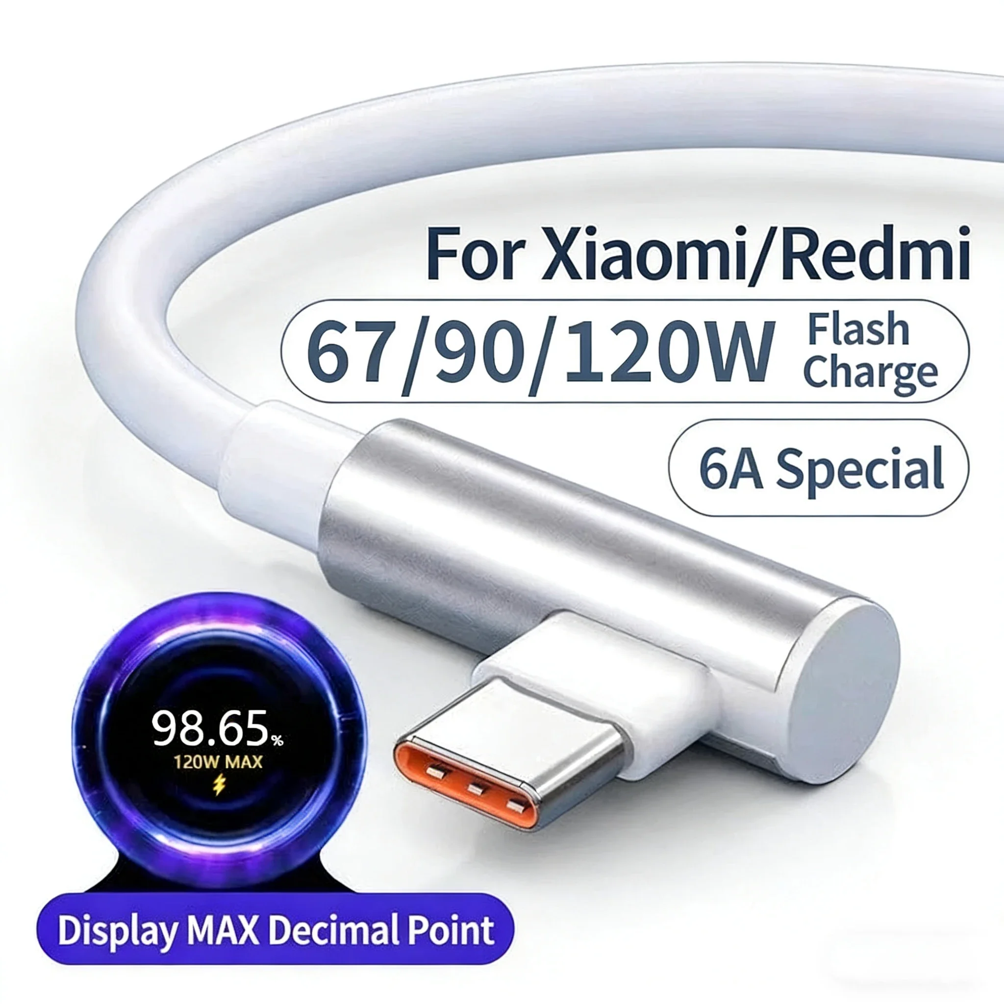 90 Degree 6A Type C Fast Charging Cable 67W 120W PD Bedside Lying Down Phone Charging Comfort Angle Plug