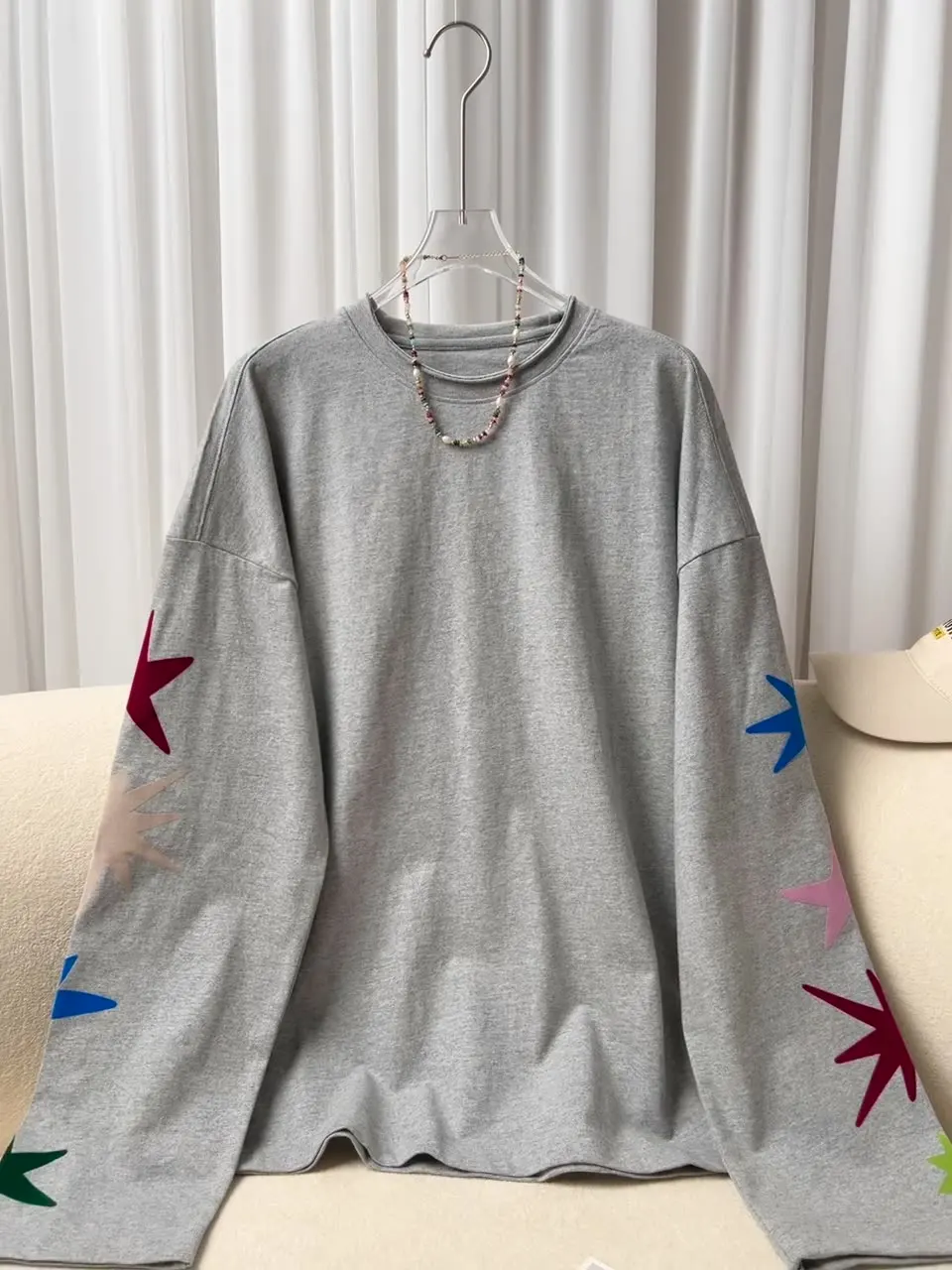 Autumn New Cotton Loose Flocking Printed Color Star Super Long Sleeve T-Shirt for Women