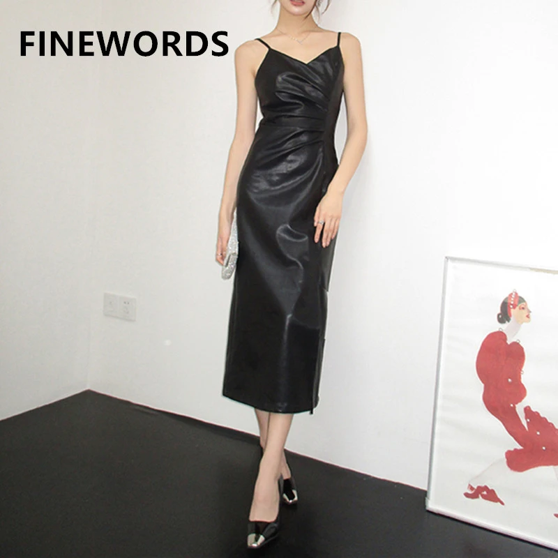 

FINEWORDS винтажное черное платье из искусственной кожи, женское корейское летнее платье без рукавов Easymatch, повседневное вечернее платье миди