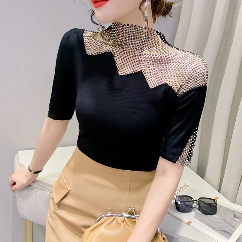 

Sexy Hollow out ort Sve T-irt Women's Tight Fit Summer New Design Glittering Commute Sle Korean Version Classic Pattern