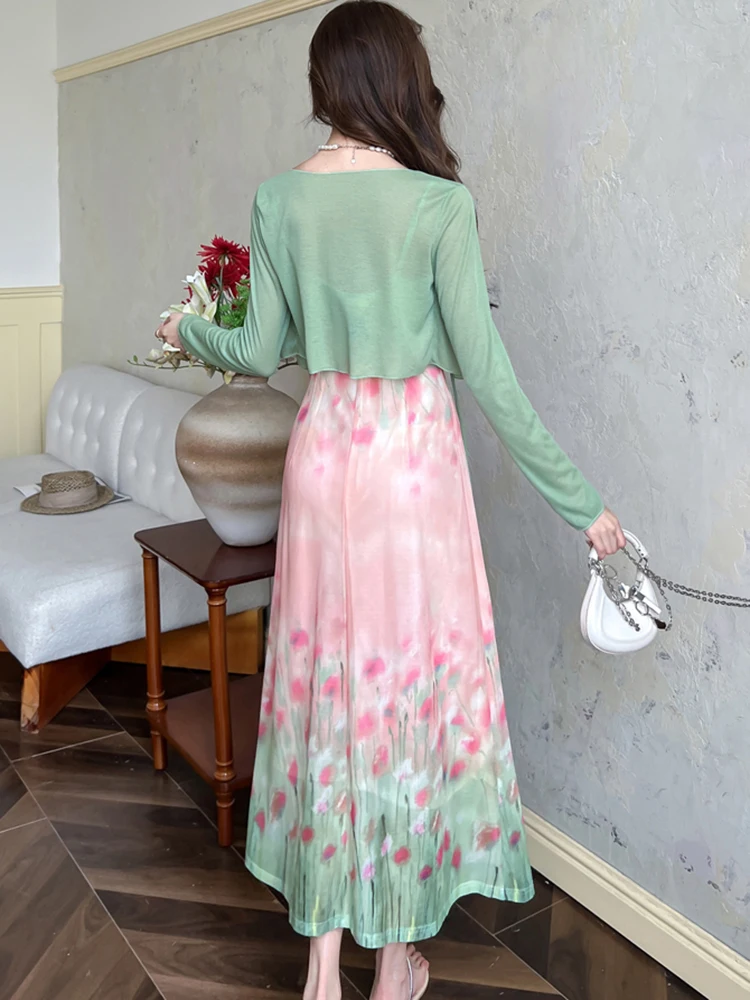 2025 nouvelle mode maille dentelle florale robe à bretelles + vert t-shirts deux pièces ensembles femmes été plage Style élégant tenue décontractée ensembles