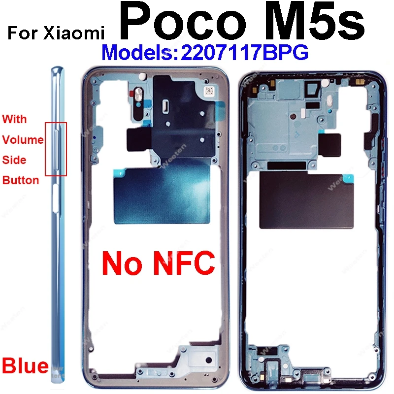 Middle Housing For Xiaomi Poco M5s With NFC Back Cover Housing Front Frame Chassis with Volume Buttons Replacement Repair Parts