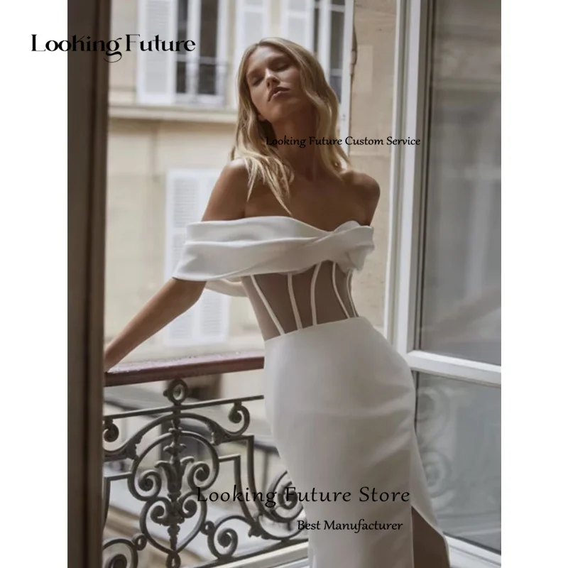 Robe de Mariée Sirène en Satin Sexy à Plis, Dos aux, à Lacets, Fente Haute, Longue Traîne Personnalisée, 2025