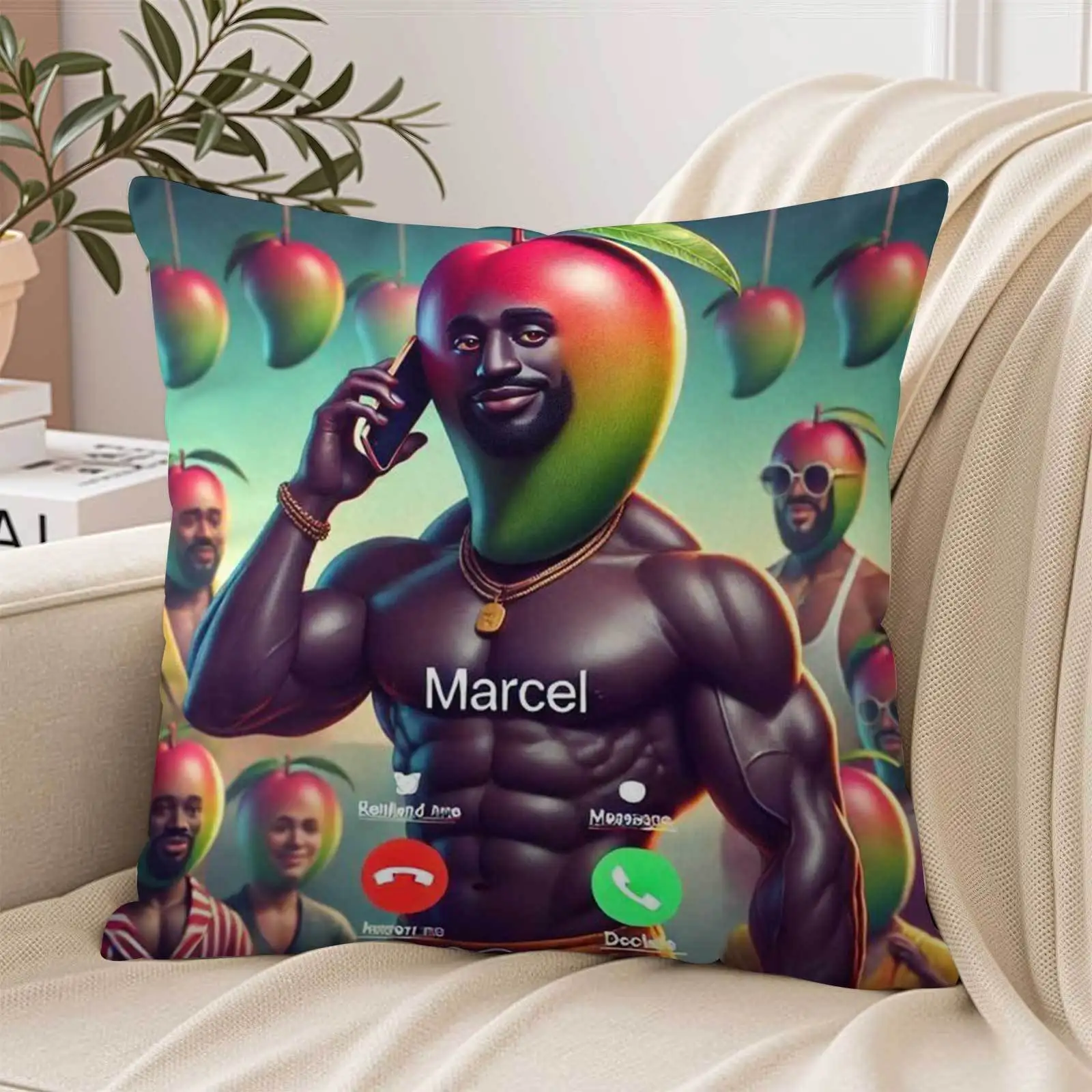 Customize 1pc Playful mango Marcel call print square pillowcase, double-sided printing, suitable for bedrooms, sofas, dorm rooms
