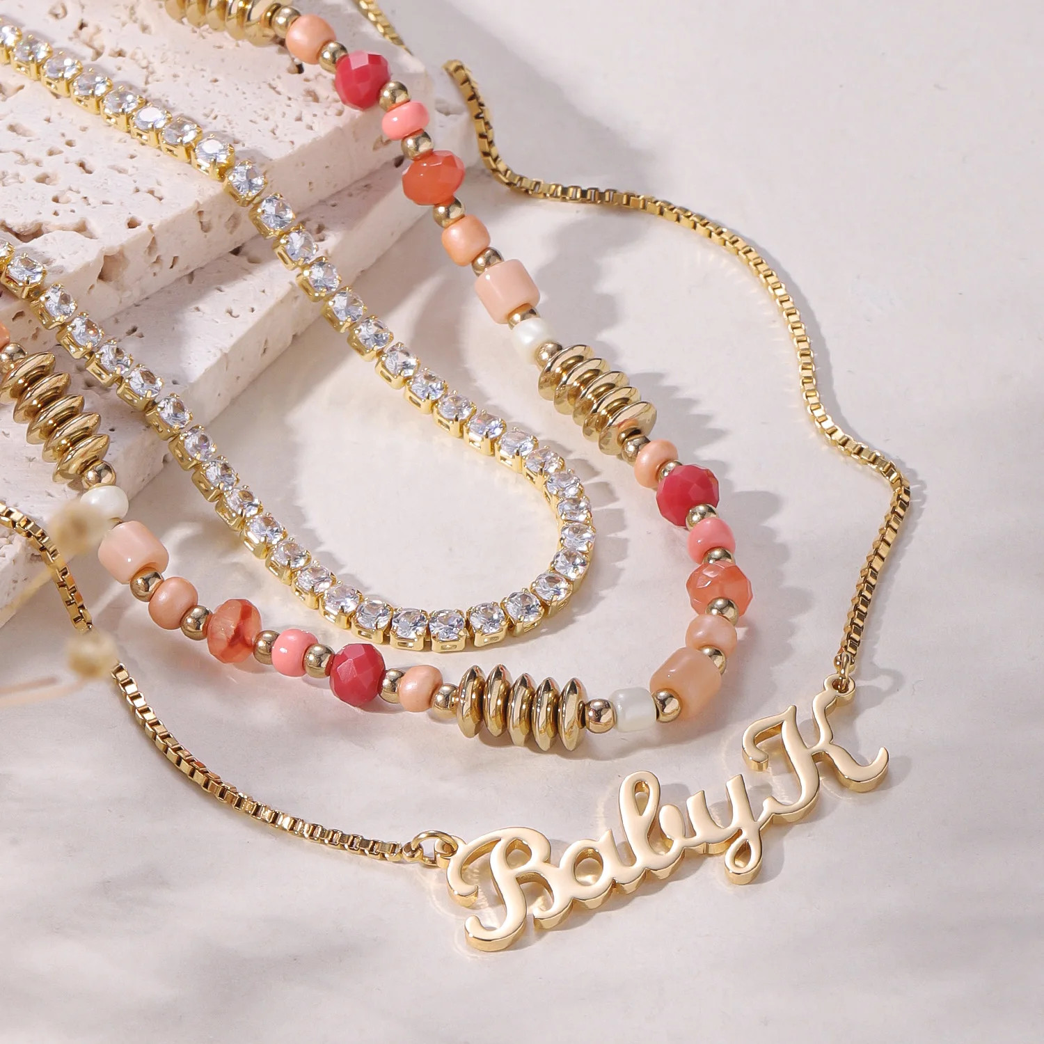 

Комплект ожерелья с индивидуальным именем, многослойная штабелируемая розовая красочная цепочка с цирконом, позолоченная 18-каратная нержавеющая сталь, рождественский подарок для нее