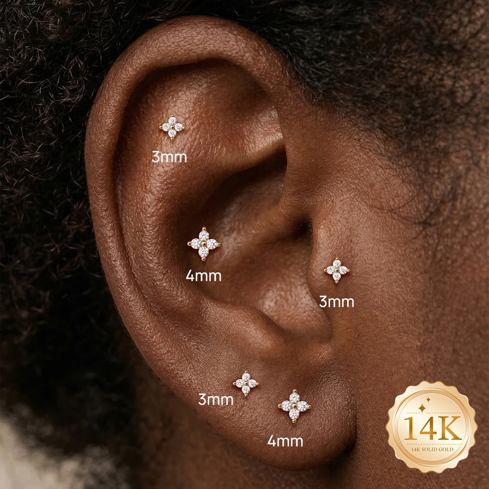 

AIDE 14K Solid Gold Multi-size Four-petal Flower Piercing Earrings For Women Classic Mini Wedding Bridal Luxury Jewelry Gifts