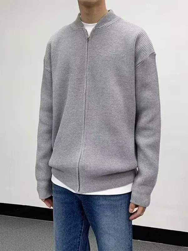 

Мужской вязаный кардиган с двойной молнией, воротником-бомбером, свободного кроя, в стиле lazy, модный, осенне-зимний, корейская версия, длинный рукав