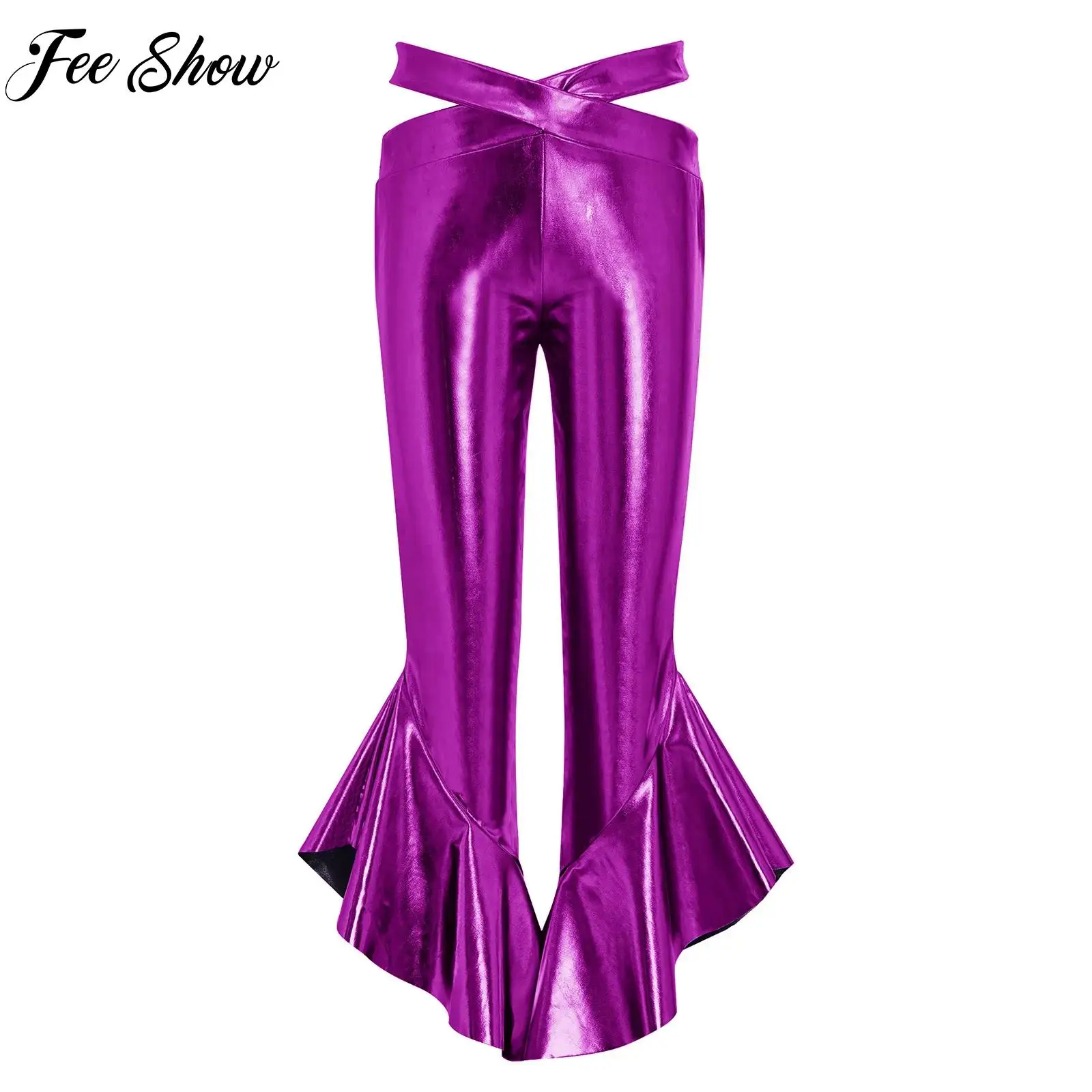 

Kids Girls Clubwear Metallic Flared Disco Dance Pants Bell-Bottom Trousers Carnival Theme Party Costume Performance Dancewear