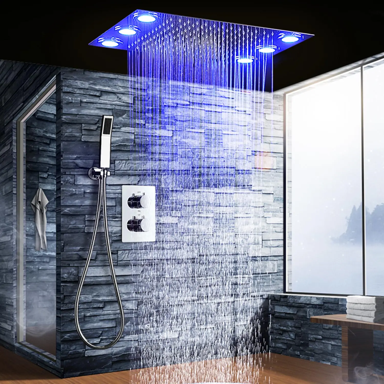 

Rain Shower System Remote Control Multicolor Change LED Thermostatic Diverter Valve