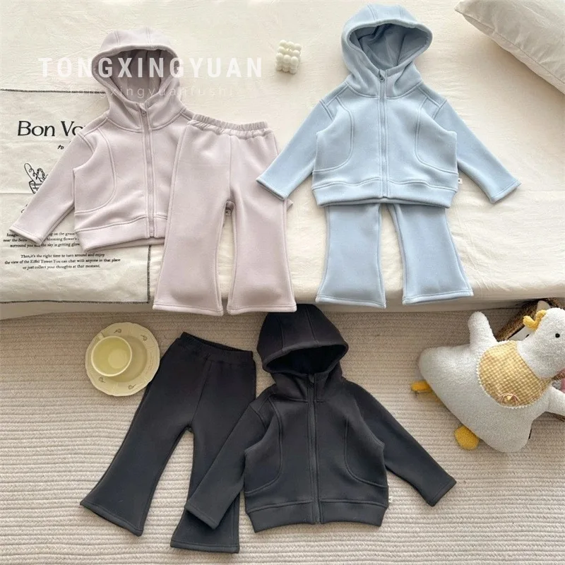 Winter Korean Kids Baby Girls 2PCS Clothes Set Versatile Solid Leisure Hooded Coat Sports Warmth Thickened Flared Pants Suit