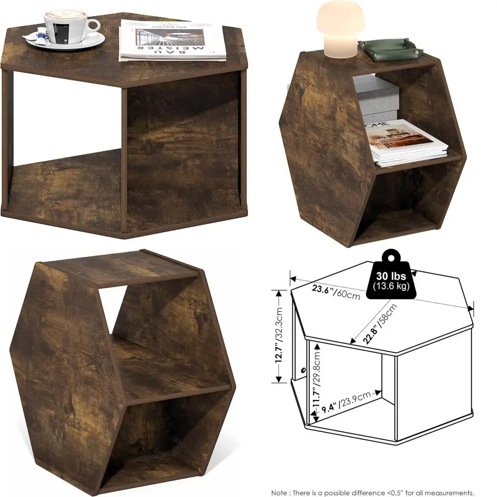 Hexagonal Modern Coffee Table with Open Shelf - Versatile Side Table for Living Room, Vertical or Horizontal Placement Options
